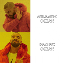 a man in a red jacket with the words atlantic ocean and pacific ocean