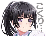 a girl with black hair and purple eyes is wearing a ponytail and a white shirt .