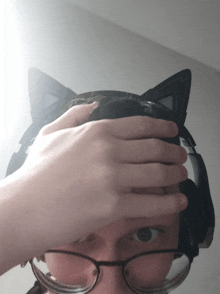 a person wearing glasses and a cat ear headband covering their face