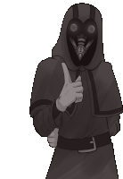 a black and white drawing of a person wearing a gas mask and giving a thumbs up