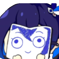 a cartoon girl with blue hair is holding a piece of paper with a cat face on it .