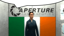 a woman stands in front of a aperture laboratories sign