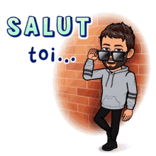 a cartoon of a man leaning against a brick wall with the words salut toi