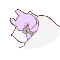 a purple rabbit is laying in bed holding a cell phone