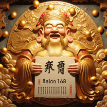 a statue of a man holding a piece of paper that says balon 168 on it