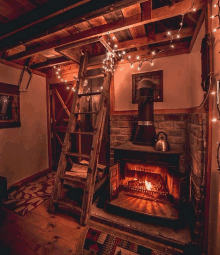 a fireplace with a ladder leading to it