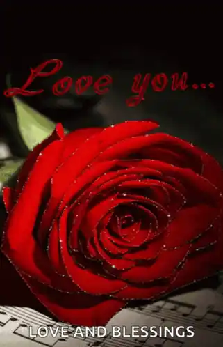 a red rose sitting on top of a sheet of music with the words love you love and blessings