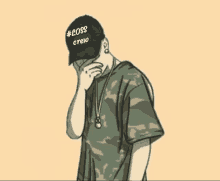 a cartoon of a man wearing a hat and a camouflage shirt covering his face .