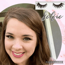 a picture of a woman with a pair of false eyelashes and the word selfie on the bottom