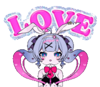 a girl with bunny ears is standing in front of the word love