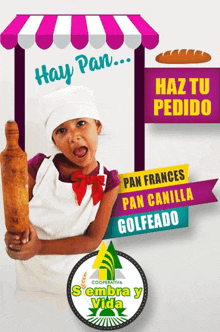 a little girl is holding a rolling pin in front of a sign that says " hay pan "