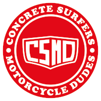 the logo for concrete surfers motorcycle dudes is red and white