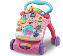 a pink vtech baby walker has a blue handle