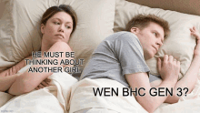 a man and a woman are laying in bed and the man is thinking about another girl