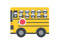 a yellow school bus with skulls in the windows and a stop sign