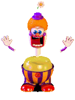 a cartoon clown with a purple hat and orange hair