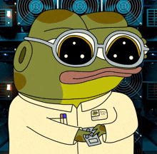 a cartoon frog wearing glasses and a name tag that says " george "