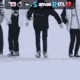 a group of people standing on a snowy ice rink with the words samee rtxt written on the bottom