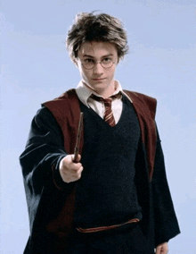 a young man in a harry potter costume holds a wand