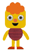 a yellow cartoon character with orange hair and a red circle on his chest .