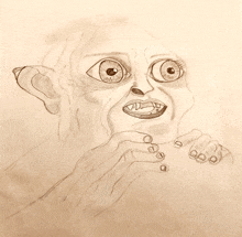 a pencil drawing of a goblin with a surprised expression on his face