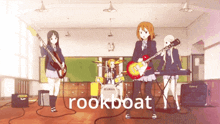 a group of girls are playing guitars in a classroom with the word rookboat written on the bottom