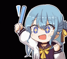 a drawing of a girl with blue hair holding a light stick