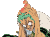 a man with green hair is holding a stack of oranges on top of his head