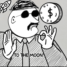 a black and white drawing of a man with the words " to the moon "