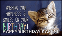 a birthday card with a cat and the words wishing you happiness and smiles on your birthday happy birthday karen