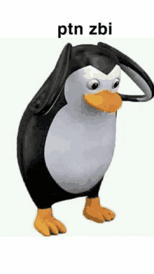 a black and white penguin with a yellow beak is saluting with the words ptn zbi written on the bottom .