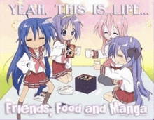 a group of anime girls sitting on a blanket with the words yeah this is life friends food and manga