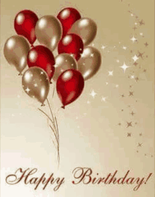 a birthday card with red and gold balloons and the words happy birthday .