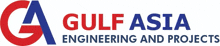 a logo for gulf asia engineering and projects in red and blue