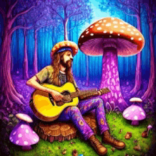 a man is playing a guitar in a forest with mushrooms .