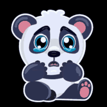 a panda bear is crying with tears coming out of its eyes .