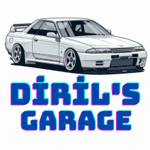 a drawing of a white car with the words " diril 's garage " underneath it