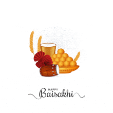 a poster that says happy baisakhi with a drum and some food