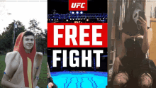 a poster for ufc shows a hot dog man and a woman taking a picture