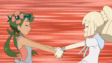 a cartoon of two girls shaking hands with one wearing a watch on her wrist