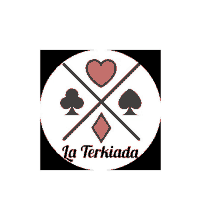 a logo for a company called la terkiada with playing cards crossed over each other in a circle .