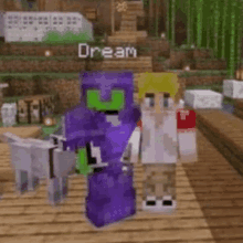 a couple of minecraft characters are standing next to each other on a wooden dock .