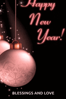 a happy new year greeting card with a pink ornament