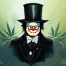 a man wearing a top hat and glasses with a clown face on his face .