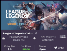 an advertisement for league of legends on february 6th at 9:00 pm