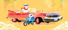 a cartoon drawing of two skeletons in a red car with a license plate that says ny8h