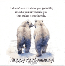 two polar bears standing next to each other with a happy anniversary message