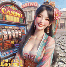 a woman stands in front of a slot machine that says casino on it