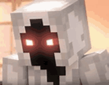 a minecraft character with red eyes and a black cross on his head .