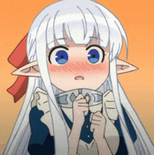 a girl with long white hair and blue eyes is making a face